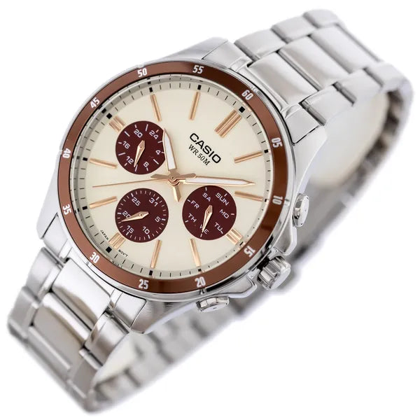 Casio MTP-1374D-5A2 férfi karóra, ezüst acél szíj, krém számlap, WR50