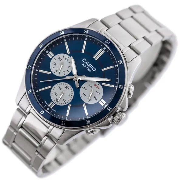 Casio MTP-1374D-2A3 férfi karóra, acél szíj, kék számlap, WR50