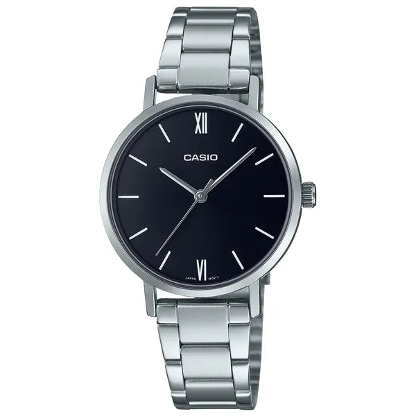 Casio LTP-VT02D-1A női karóra, fekete számlap, acél szíj, WR30, 30 mm