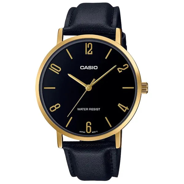 Casio MTP-VT01GL-1B2 férfi karóra, arany tok, bőrszíj, 40 mm, WR30