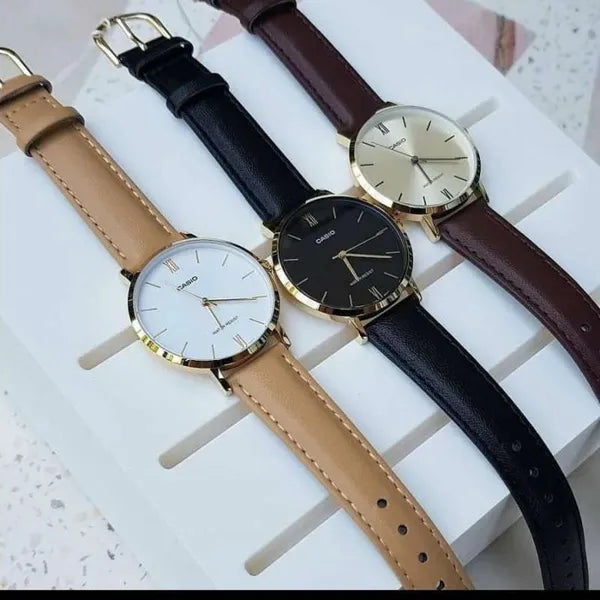 Casio női karóra LTP-VT01GL-9B arany számlap barna bőrszíj 34mm WR30 díszdoboz