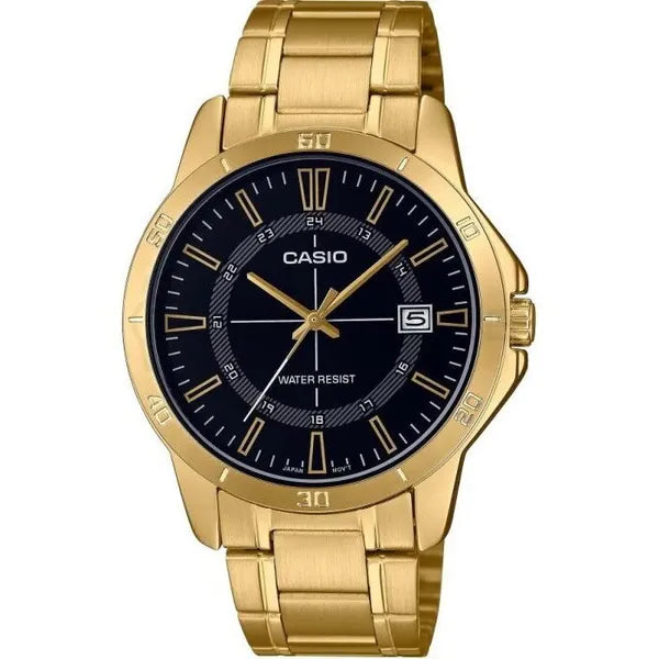Férfi aranyszínű acél karóra Casio MTP-V004G-1CUDF, fekete számlap, WR30