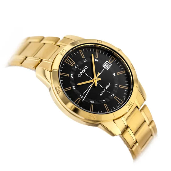 Férfi aranyszínű acél karóra Casio MTP-V004G-1CUDF, fekete számlap, WR30