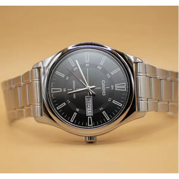 Casio férfi karóra MTP-V006D-1C, acél szíj, fekete számlap, WR30, 38 mm