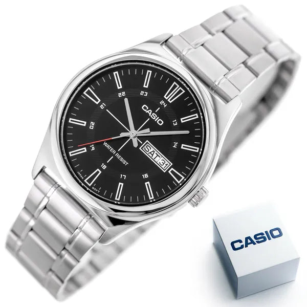 Casio férfi karóra MTP-V006D-1C, acél szíj, fekete számlap, WR30, 38 mm