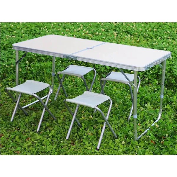 Összecsukható alumínium kempingasztal szett 120×60 cm 4 székkel bőröndben