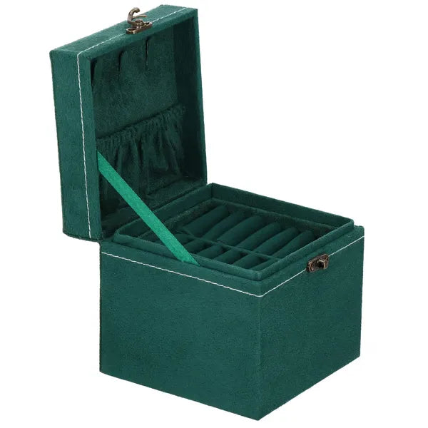 Ékszerdoboz velúr palackzöld 12×12×12 cm fogantyúval retro zár