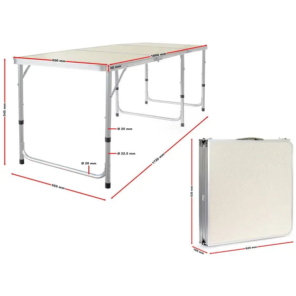 Összecsukható alumínium utazó kerti asztal 180×60 cm, hordozófogantyúval