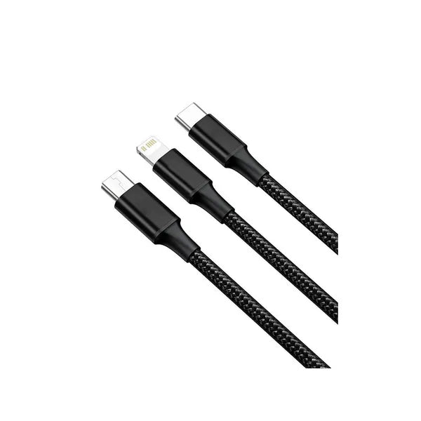3 az 1-ben fonott USB-kábel (Lightning, USB-C, micro USB) 1,2 m, fekete