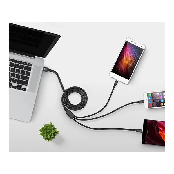 3 az 1-ben fonott USB-kábel (Lightning, USB-C, micro USB) 1,2 m, fekete