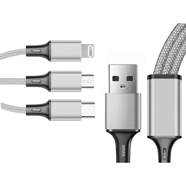 3 az 1-ben fonott USB töltőkábel, Lightning/Type-C/microUSB, 1,2 m