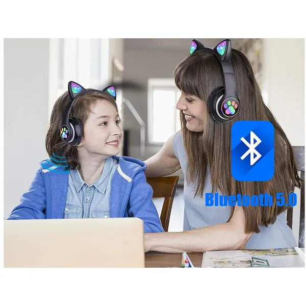 Bluetooth 5.0 vezeték nélküli macskafüles fejhallgató LED világítással, FM/MP3