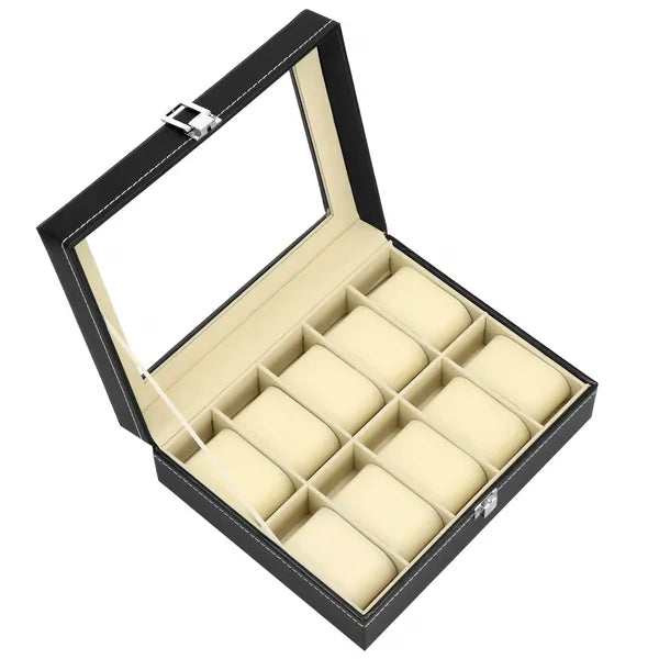 10 férőhelyes fekete óratartó doboz MDF & eco bőr, üvegtető 25x20x8 cm