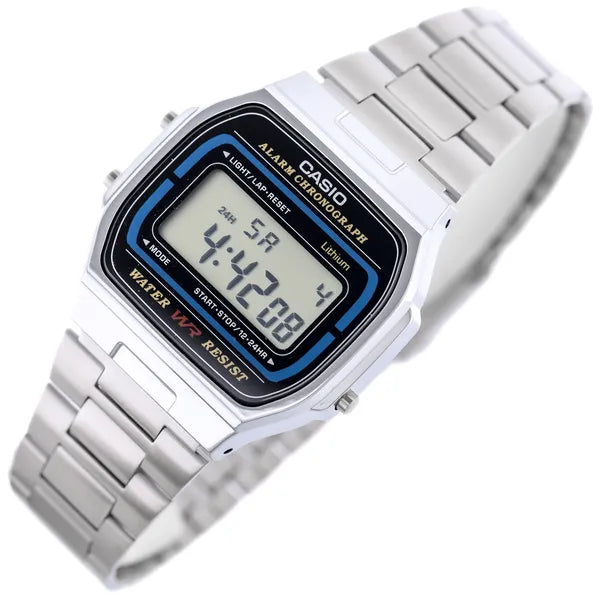 Casio A164WA-1Q unisex retro digitális karóra acél szíjjal, WR30, LED