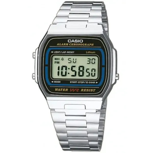 Casio A164WA-1Q unisex retro digitális karóra acél szíjjal, WR30, LED