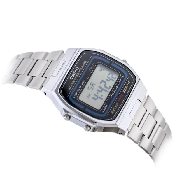 Casio A164WA-1Q unisex retro digitális karóra acél szíjjal, WR30, LED