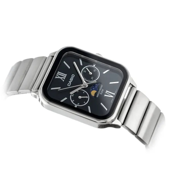 Casio férfi karóra, rozsdamentes acél, fekete számlap, WR50, holdfázis, dátum