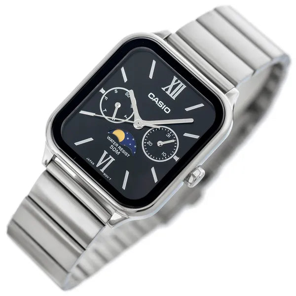 Casio férfi karóra, rozsdamentes acél, fekete számlap, WR50, holdfázis, dátum