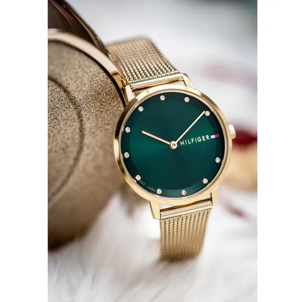 Tommy Hilfiger női karóra Pippa 35 mm arany acél, zöld kristály, WR30
