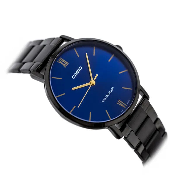 Casio MTP-VT01B-2B férfi karóra, fekete acél szíj, kék számlap, WR30