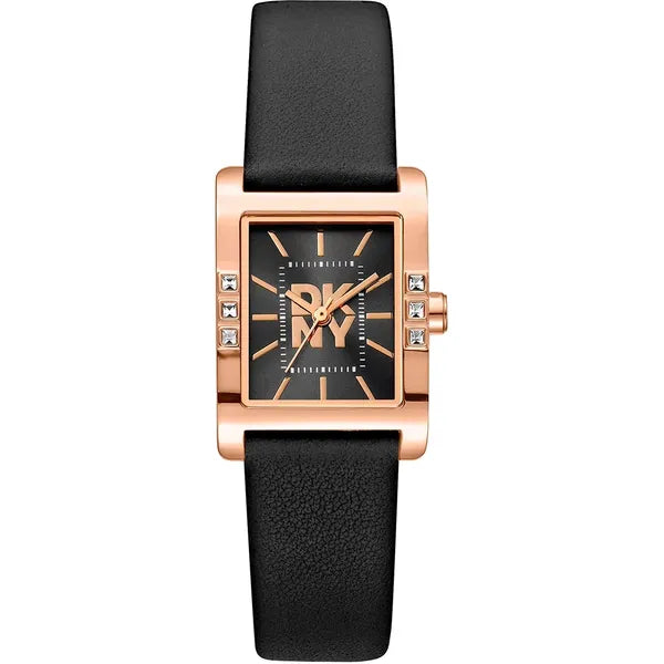 DKNY női karóra, kvarc, rózsaarany téglalap tok 22 mm, fekete bőrszíj