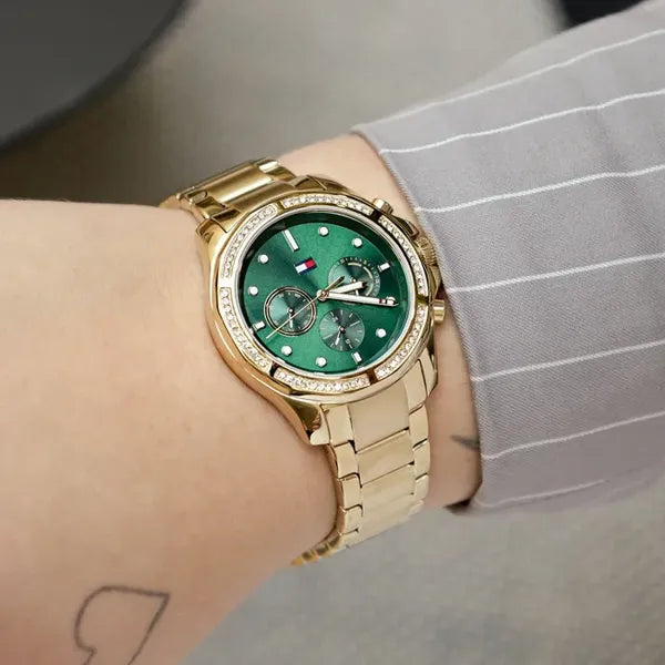 Tommy Hilfiger Brooklyn női karóra, arany nemesacél, zöld számlap, 41 mm