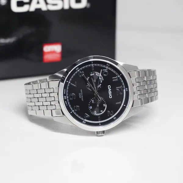 Casio MTP-E340D-1A férfi karóra, rozsdamentes acél, fekete számlap, WR50