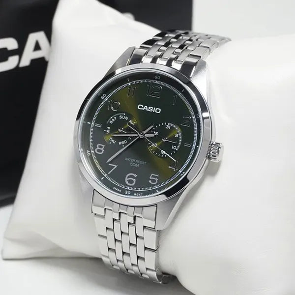 Casio MTP-E340D-3A férfi karóra, rozsdamentes acél, zöld számlap, WR50