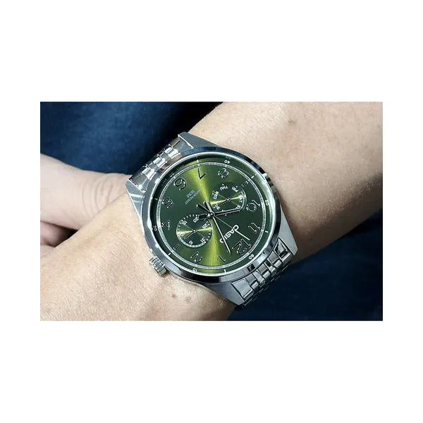 Casio MTP-E340D-3A férfi karóra, rozsdamentes acél, zöld számlap, WR50