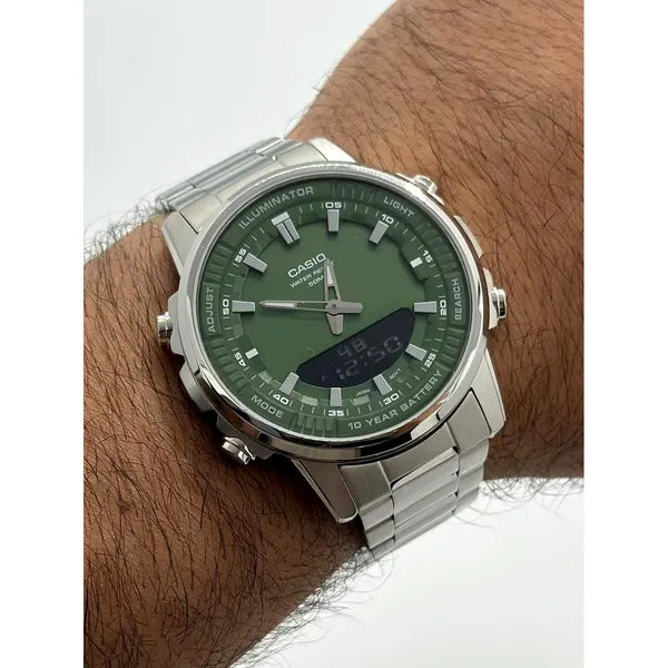 Casio AMW-880D-3A férfi karóra, zöld számlap, acél szíj, WR50, 47 mm