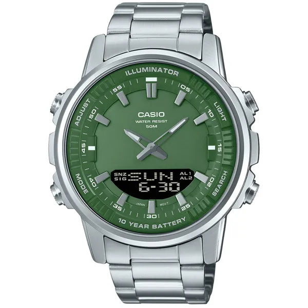 Casio AMW-880D-3A férfi karóra, zöld számlap, acél szíj, WR50, 47 mm