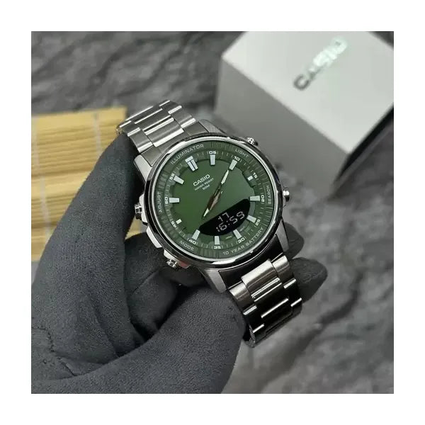 Casio AMW-880D-3A férfi karóra, zöld számlap, acél szíj, WR50, 47 mm