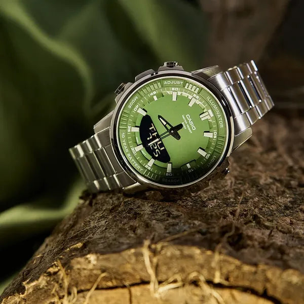 Casio AMW-880D-3A férfi karóra, zöld számlap, acél szíj, WR50, 47 mm