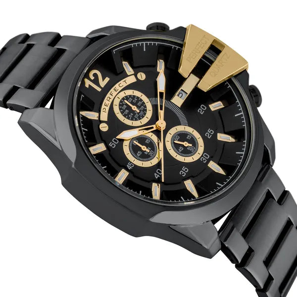 Férfi kronográf karóra, fekete-arany, kvarc, acél szíj, 53 mm