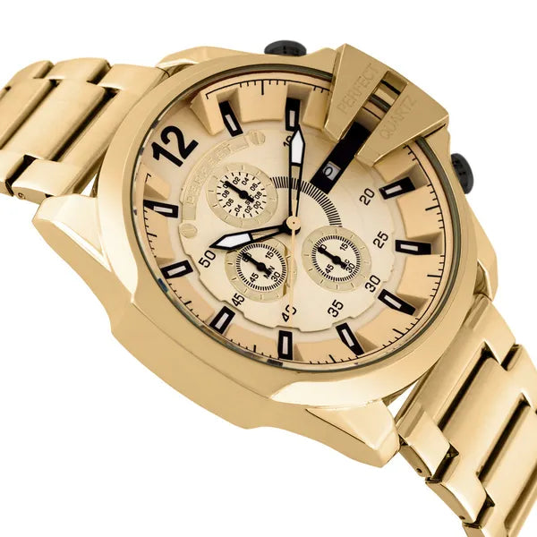 Férfi kronográf quartz karóra arany színben, 53 mm fémszíjjal