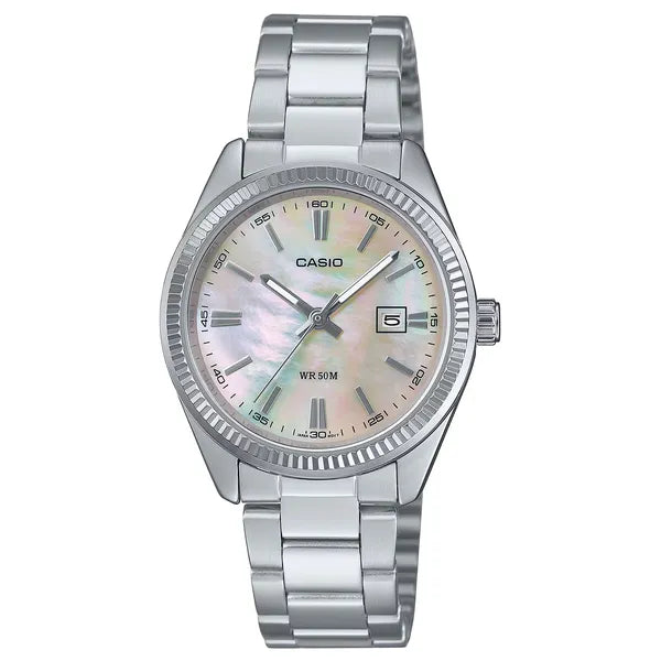 Casio LTP-1302DS-4AVDF női karóra acél szíjjal, gyöngyház rózsaszín, WR30