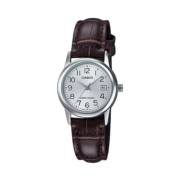 Casio LTP-V002L-7B2UDF női kvarc karóra bőrszíjjal, ezüst tok, WR30, dátum