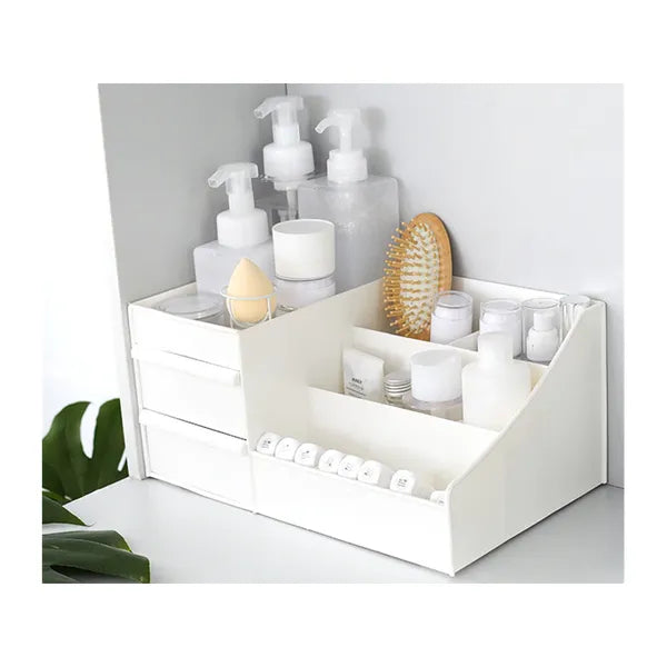 Fehér műanyag kozmetikai- és ékszertartó, 2 fiókkal, 5 rekesszel, 25×17×11 cm