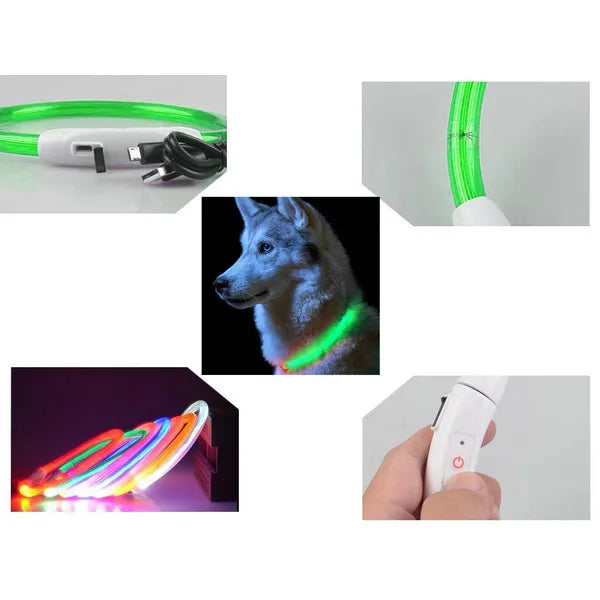 Led világító nyakörv kutyáknak/macskáknak, zöld, USB, vízálló, 41-47 cm