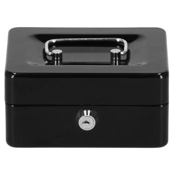 Fekete kulcsos fémpénzkazetta 15×12×8 cm, 6 rekesz, kivehető tálca