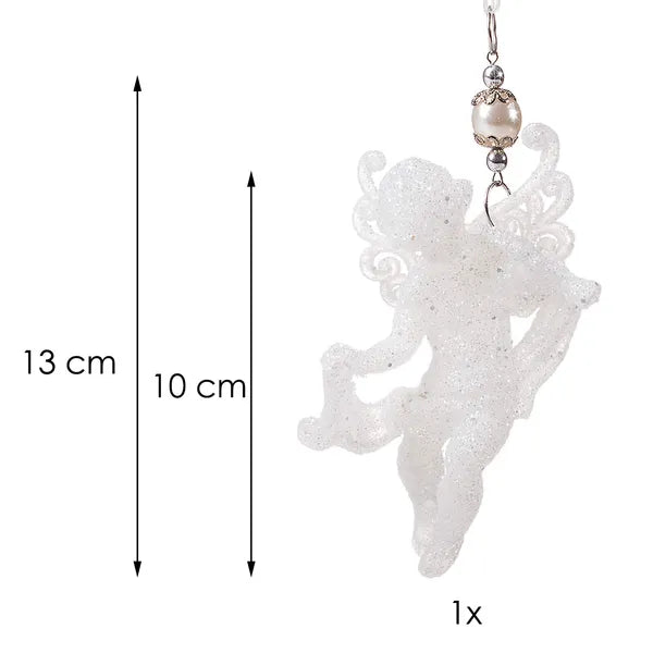 Fehér csillogó műanyag angyalka karácsonyfadísz, 13 cm, törhetetlen