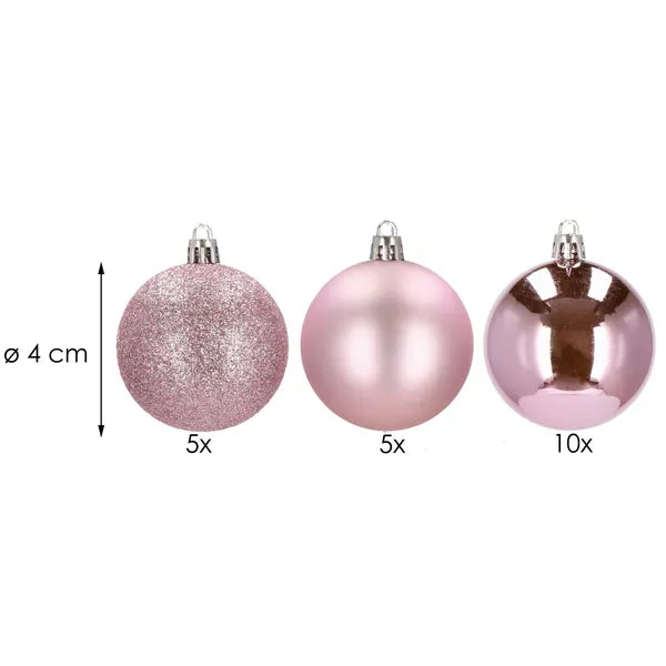 Rózsaszín törhetetlen karácsonyi gömb díszek, 4 cm, 20 db, műanyag