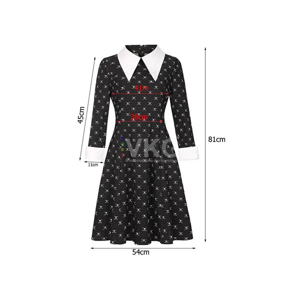 Wednesday Addams gyerek jelmez fekete ruha fehér gallérral, 125–135 cm