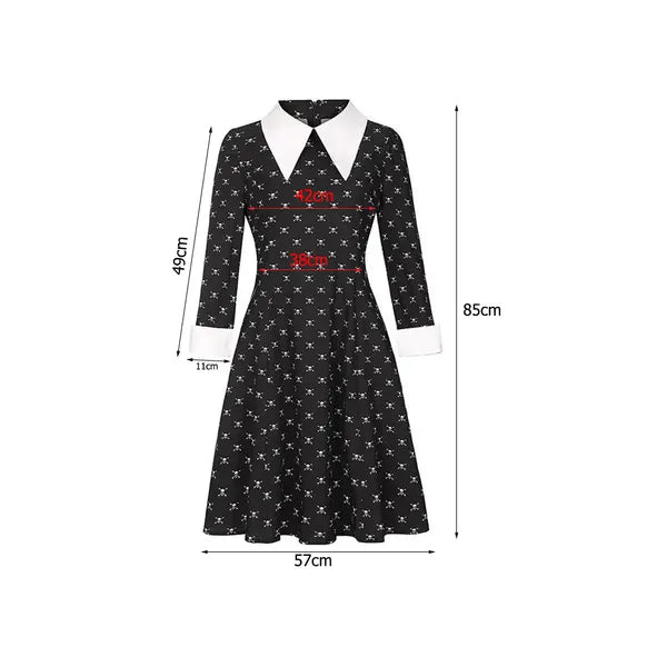 Wednesday Addams gyerek jelmez, hosszú ujjú fekete ruha, 135-145 cm