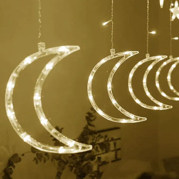 Függöny LED fényfüzér hold–csillag motívummal, 4 m, 96 LED, meleg fehér