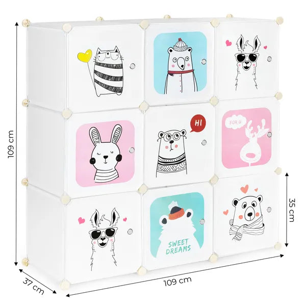 Gyerek moduláris tárolószekrény 9 polccal, mesefigurás ajtókkal, 109x109x37 cm