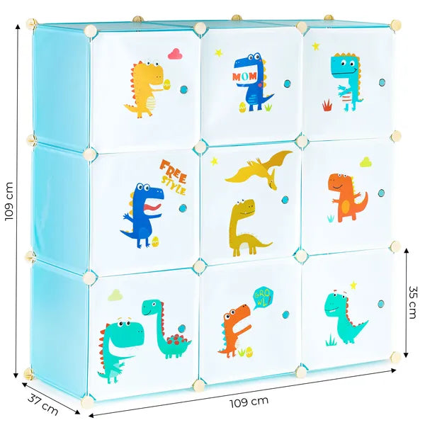 Gyerek moduláris tárolószekrény 9 ajtós, mesés mintákkal, 109×109×37 cm