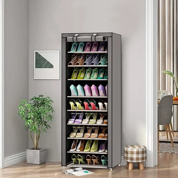 Textil ruhásszekrény 9 polccal, fém vázzal, cipő- és ruhatároló, 58×28×161 cm