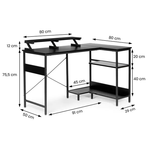 Számítógépes sarokasztal 3 fekete polccal | PJJCT0140