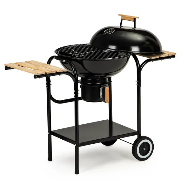 Faszénes kerti grill fedéllel, 40 cm krómozott rostéllyal, polcokkal, kerekekkel
